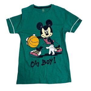 Disney Max Mickey Mouse Basketball T-Shirt Green Sports Graphic Tee Youth 13/14